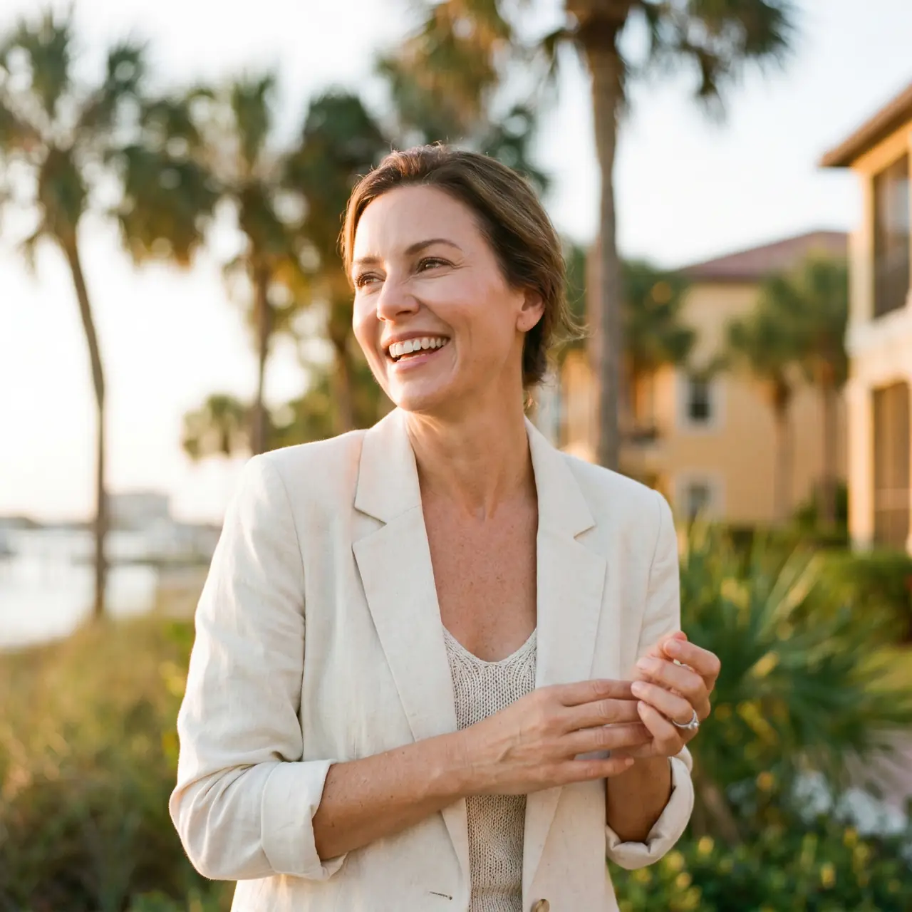 Confident woman laughing at golden hour along a Tampa waterfront lined with palm trees